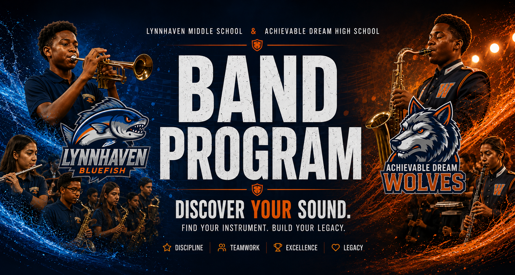 Lynnhaven Bluefish and Achievable Dream Wolves Band Program — Discover Your Sound. Find your instrument. Build your legacy.